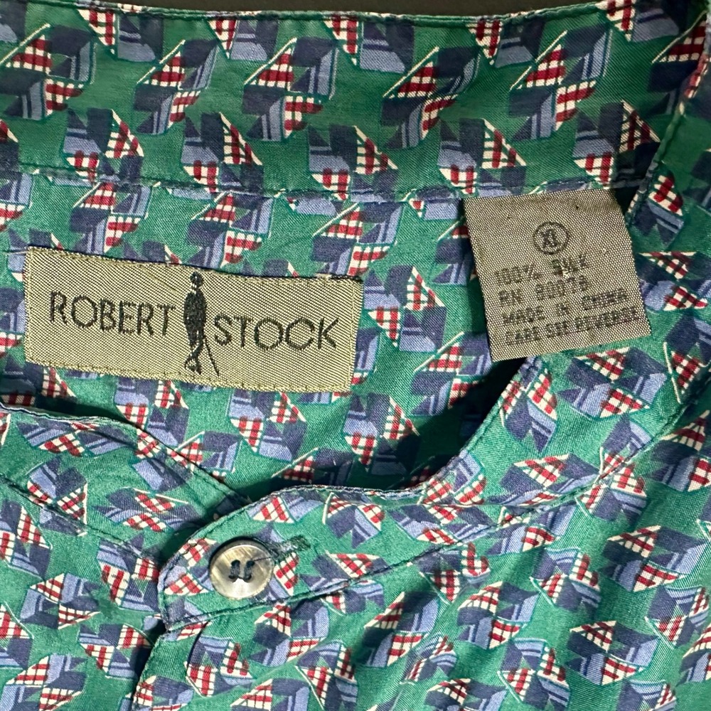 Robert Stock Men XL Silk Shirt Green Geometric Abstract Band Collar Short Sleeve